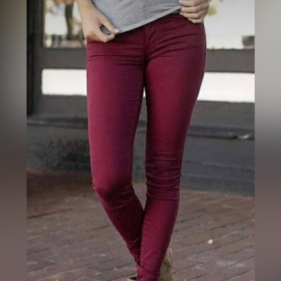 Burgundy Jeggings, Burgundy Jeans Leggings - Picture 1 of 11